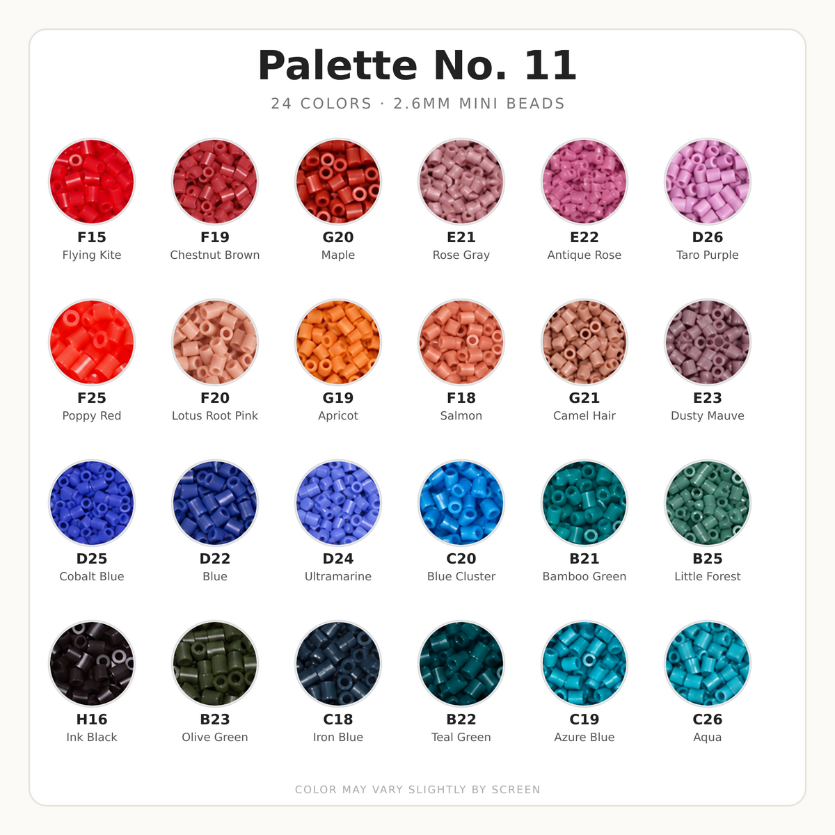 Palette No. 11 2.6mm Mini Fuse Beads Set, 24 Colors, 10g and 1,000 Beads per Color