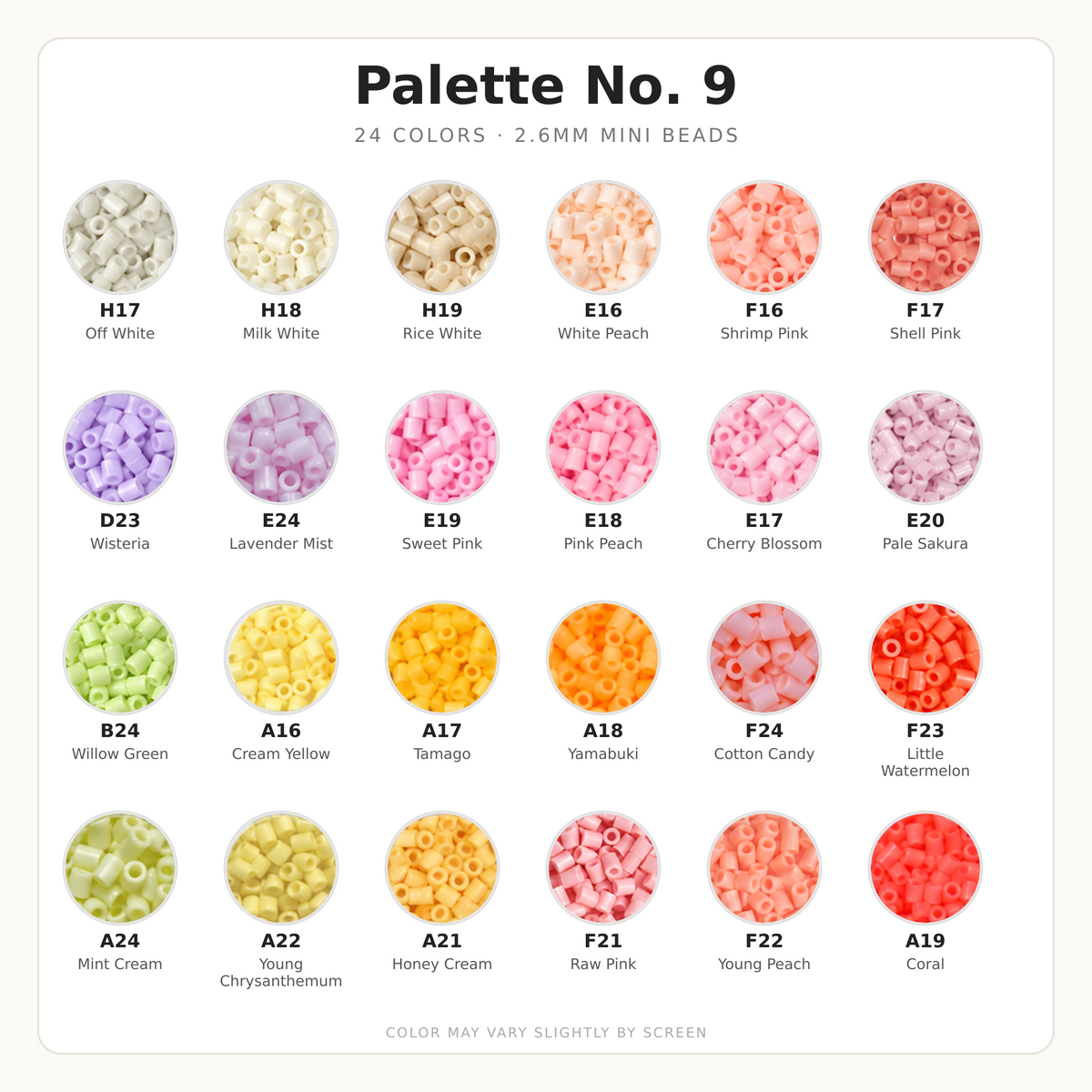 Palette No. 9 2.6mm Mini Fuse Beads Set, 24 Colors, 10g and 1,000 Beads per Color