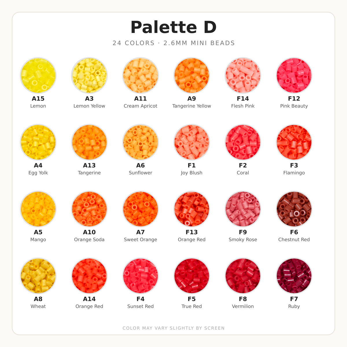 Palette D 2.6mm Mini Fuse Beads Set, 24 Colors, 10g and 1,000 Beads per Color