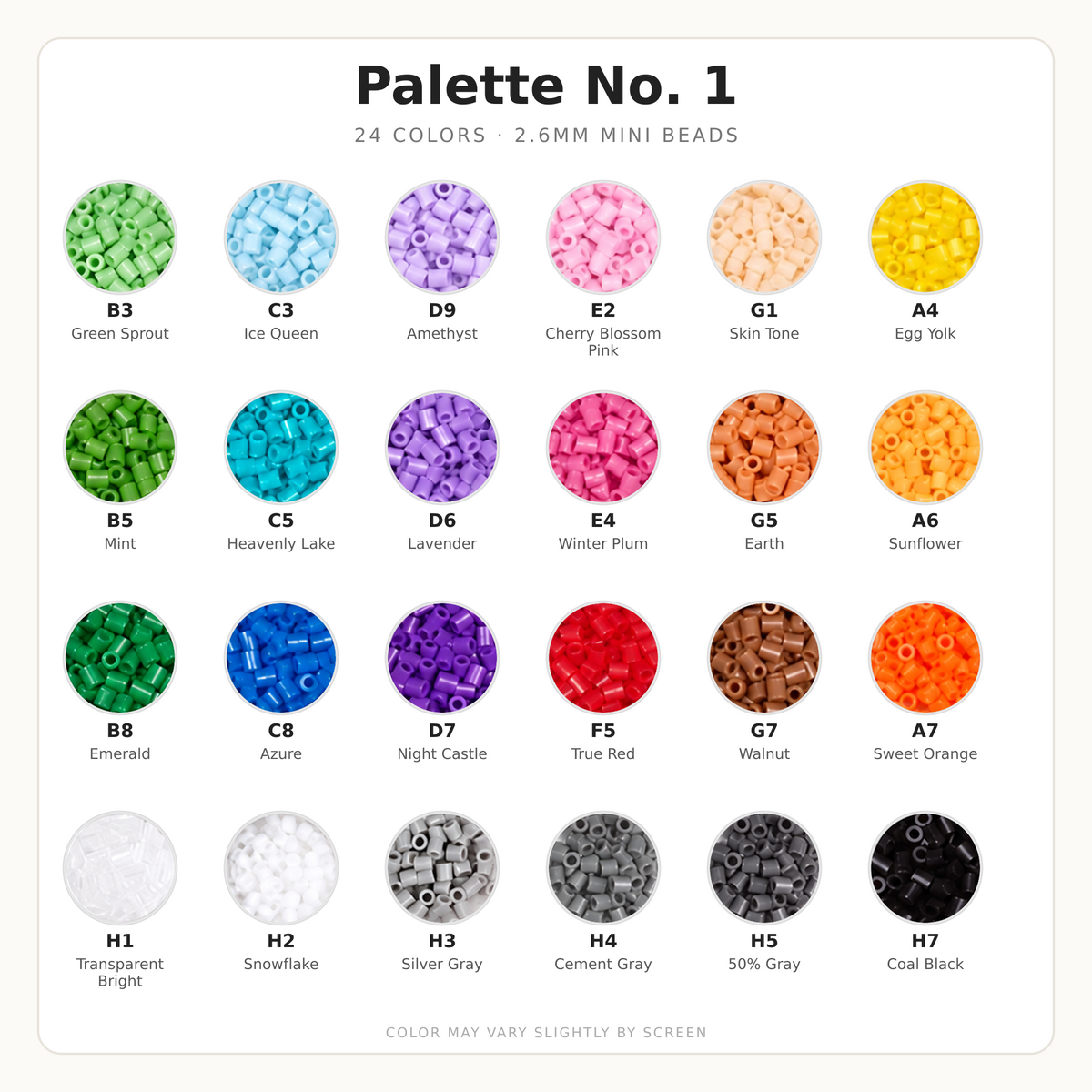 Palette No. 1 2.6mm Mini Fuse Beads Set, 24 Colors, 10g and 1,000 Beads per Color