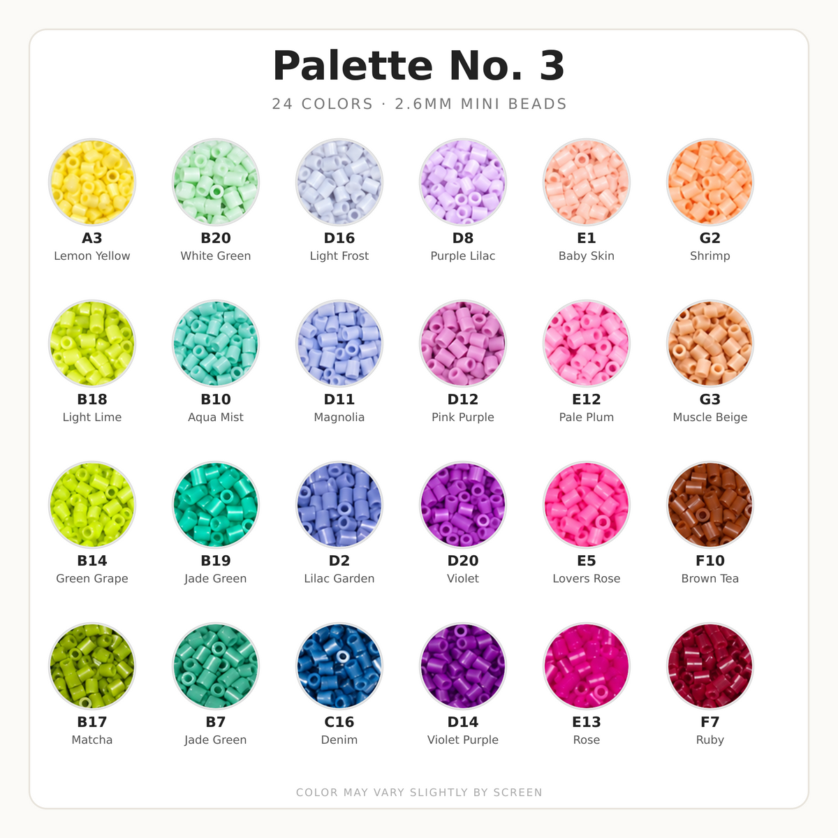 Palette No. 3 2.6mm Mini Fuse Beads Set, 24 Colors, 10g and 1,000 Beads per Color