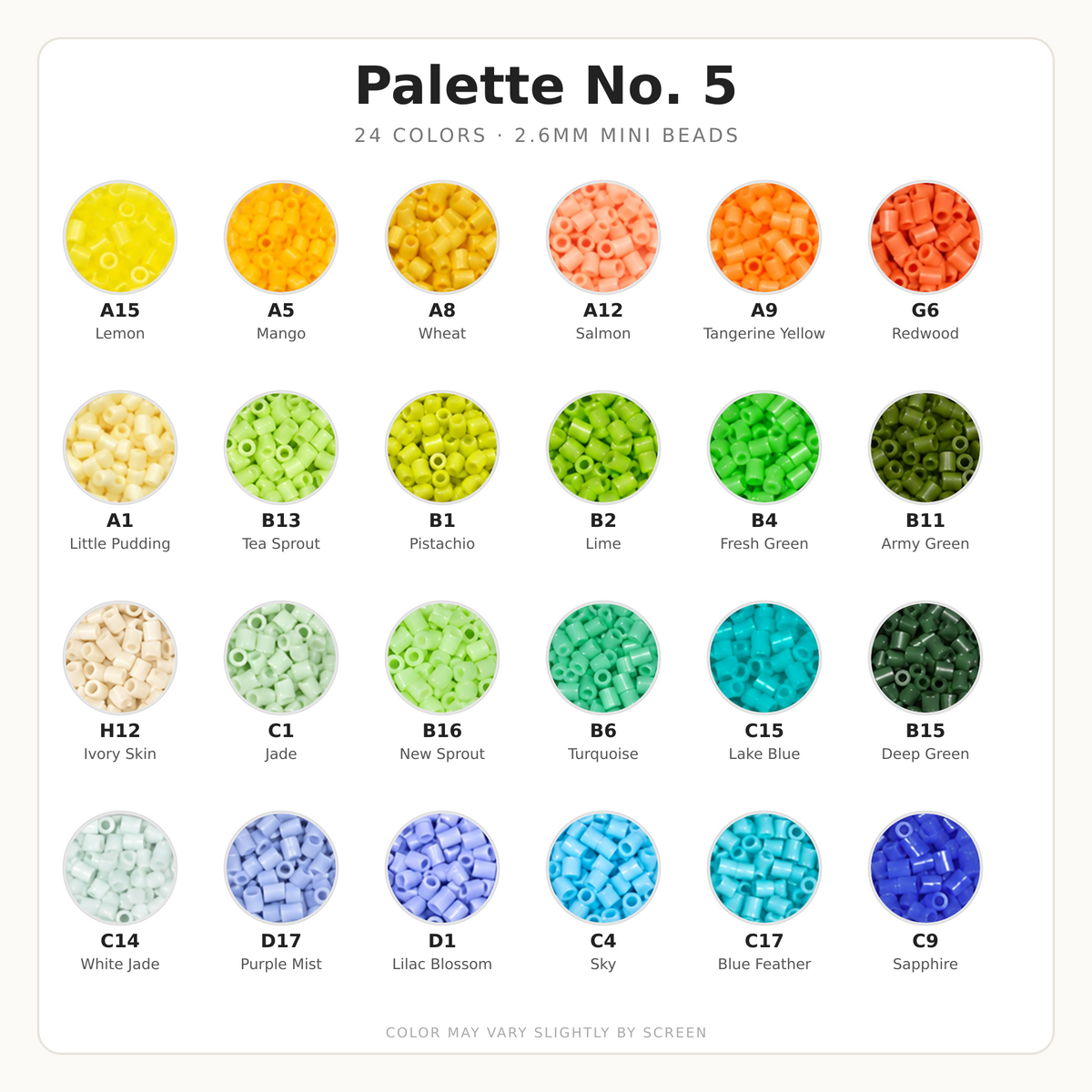 Palette No. 5 2.6mm Mini Fuse Beads Set, 24 Colors, 10g and 1,000 Beads per Color