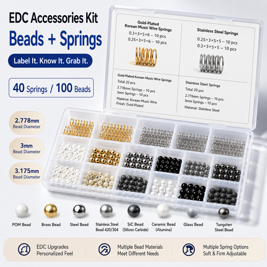 EDC Accessories Kit, Spring Sound Tuning, POM / Silicon Oxide Ceramic / Zirconia / Brass / Stainless Steel Balls, 3mm, Labeled Pack, 40 Springs + 100 Balls